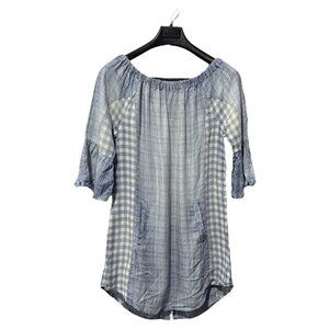 Billy T Women's Off the shoulder Lyocell Back button Top Checker blue size small